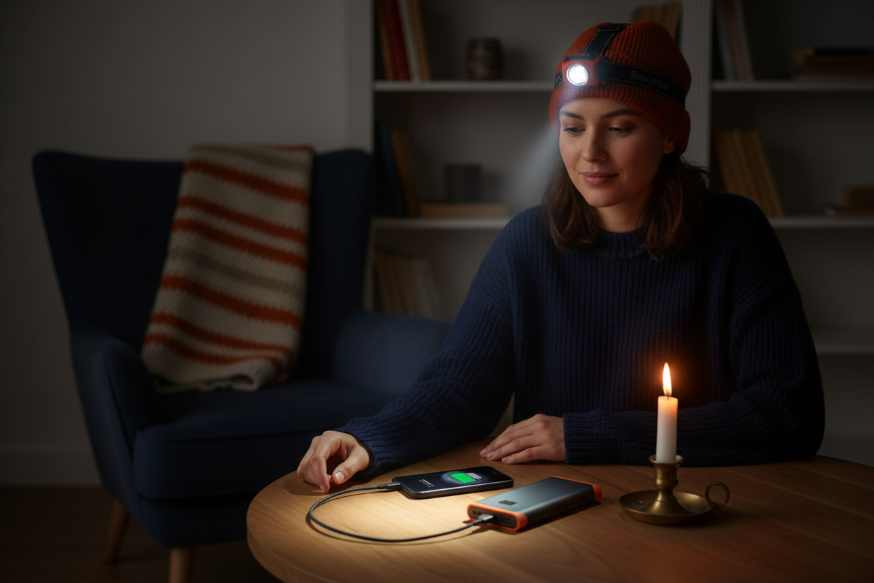 Beredskapspakke Energi 1 – dame med mobil og stearinlys